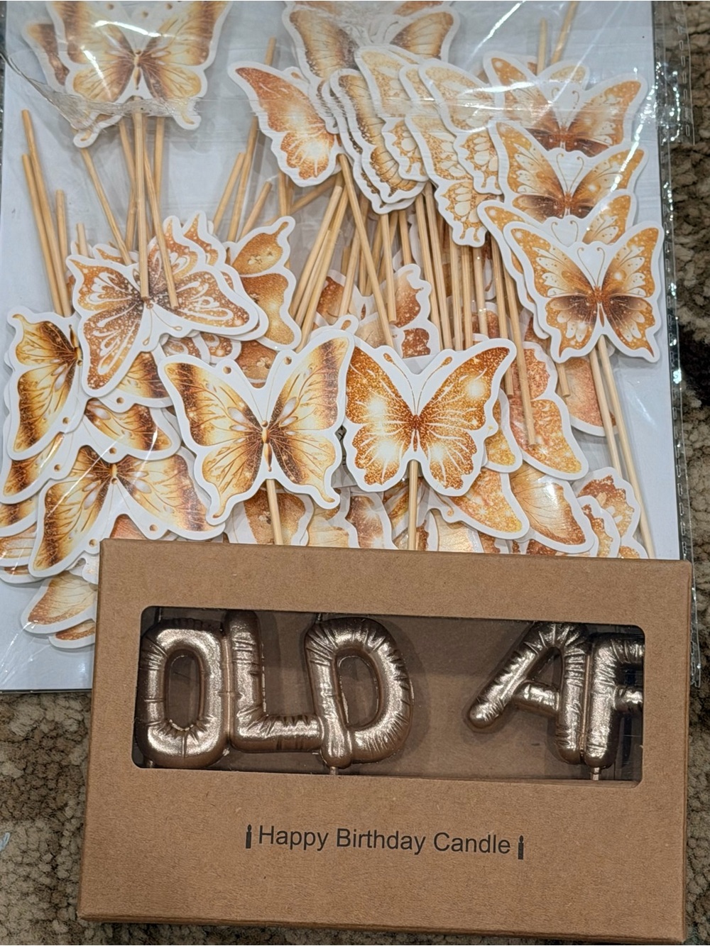 Gold “OLD AF” Birthday Candles & Butterfly Cake Toppers